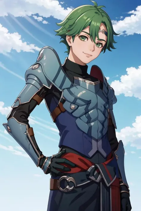 masterpiece, best quality, solo, 1boy, smile, looking at viewer, <lora:Alm_Fp:1>, almfe, armor, circlet, pants, gloves, upper body, <lora:FE-ENGAGE S Rank_Fp:1>, sky, cloud, hand on hip,