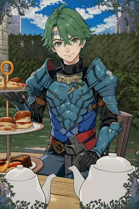 masterpiece, best quality, solo, 1boy, smile, looking at viewer, <lora:Alm_Fp:1>, almfe, armor, circlet, pants, gloves, <lora:Teatime-concept_Fp:0.8>, cup, table, food, teapot, outdoors, sitting, chair, cloud