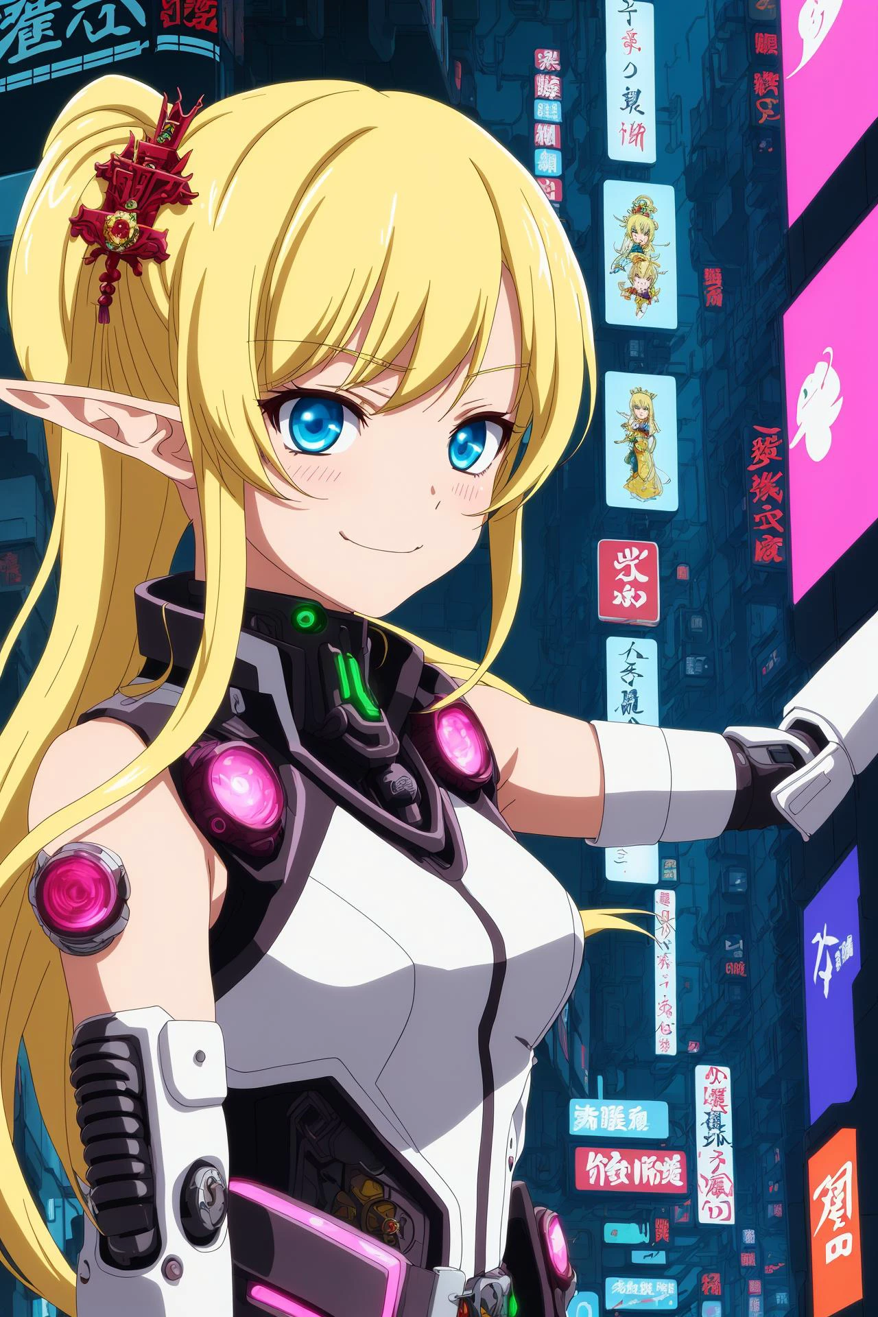 masterpiece, best quality, (bust shot:1.1), (anime:1.2) style, cartoon, (elf:1.1) girl as officer blonde long blond hair, smug smile, in edo japan, intricate ornamental Queen Anne's Lace design, rainbow, by Shirow Masamune, neon colors by Yutaka Izubuchi, white clouds, highly detailed, (cyberpunk:1.3)