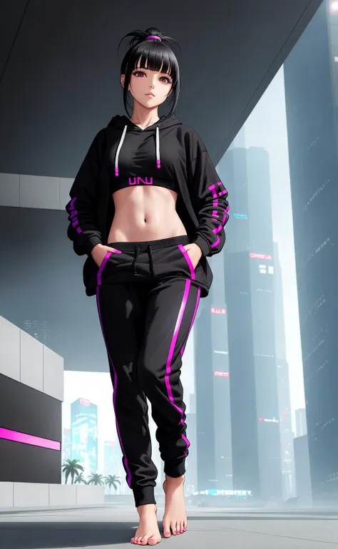 (masterpiece) (bare feet:1.2) girl wearing (gym clothes hoody), outdoors, (cyberpunk:1.3), (black hair:1.4), (twintails hairstyle)