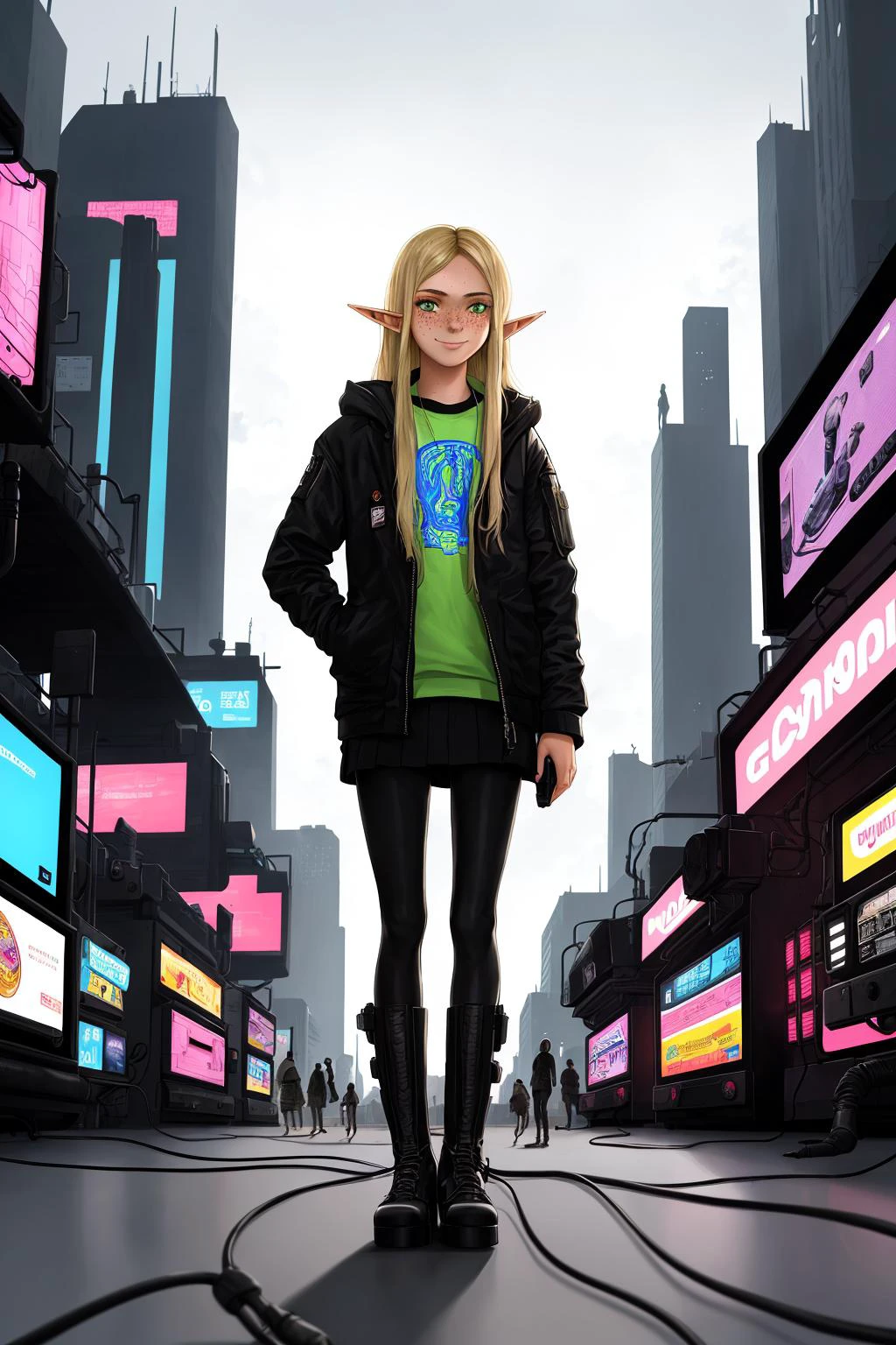Masterpiece, best quality, age (elf girl) with blonde straight hair wearing lace around (electronics displays propaganda and advertisement), cyberpunk, crowd of people, platform boots, erotic pose, smug smile, freckles, green eyes, (sci-fi city in the background), by moebius, by jean giraud