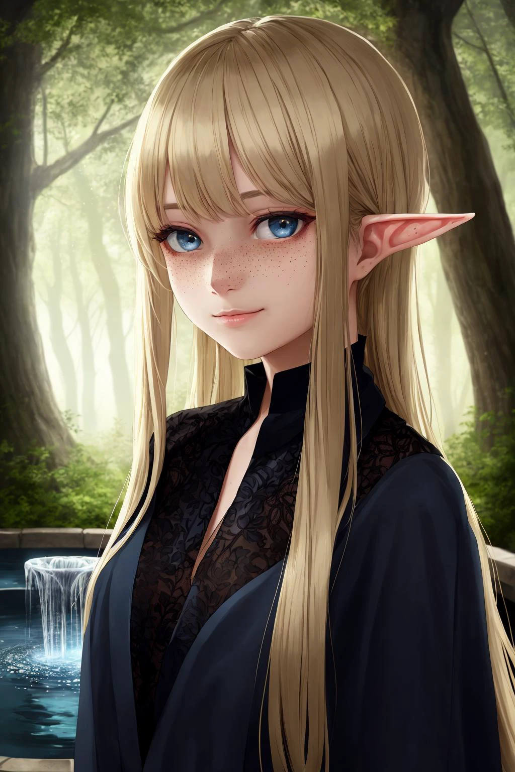 masterpiece, best quality, highest quality, bust shot, cinematic lighting, highly detailed, sharp focus, extremely detailed, ultra realistic, depth of field, bokeh, Global Illumination, volumetric lighting, subsurface scattering, caustics, bloom, [reflections], [shadows],
age elf girl wearing a shiny black silk lace kimono, at a (mystical fountain:1.05) in the woods, white clouds, rainbow, very long blonde hair, blue eyes, silk, (lace:1.1), tranparent, freckles, fantasy landscape, gentle smile