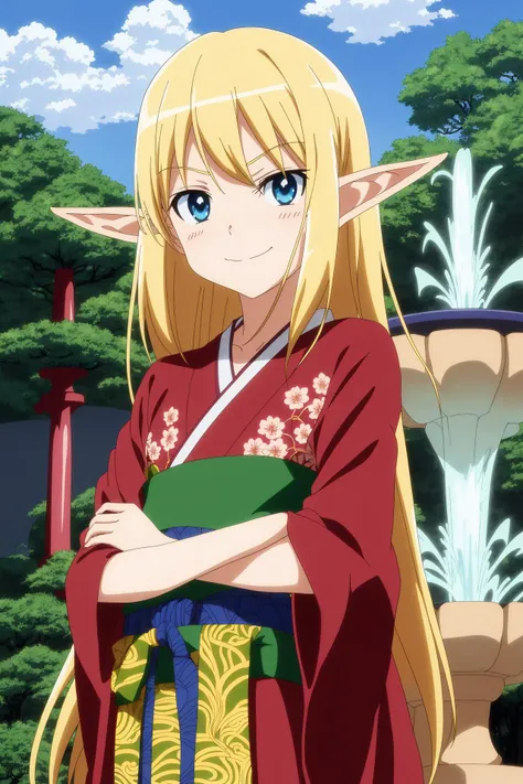 masterpiece, best quality, (bust shot:1.1), (anime:1.2) style, cartoon, (elf:1.2) girl as client  blonde long blond hair, smug smile, in edo japan, intricate ornamental African Boxwood design, at a mystical fountain, rainbow, doujin scan, by Shirow Masamune, by Akira Toriyama, by Yutaka Izubuchi, white clouds, highly detailed