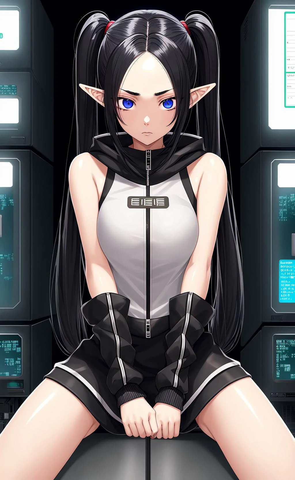 (masterpiece) (elf girl:1.2) girl wearing (gym clothes hoody), (in server room with computer displays), (cyberpunk:1.3), (black hair:1.4), (twintails hairstyle), (by Kazuma Kaneko:1.5)