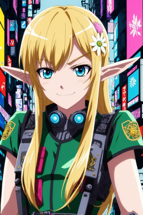 masterpiece, best quality, (bust shot:1.1), (anime:1.2) style, cartoon, (elf:1.1) girl as officer  blonde long blond hair, smug smile, in edo japan, intricate ornamental Daisy Mums design,  rainbow,  by Shirow Masamune, by Akira Toriyama, by Yutaka Izubuchi, white clouds, highly detailed, (cyberpunk:1.3)