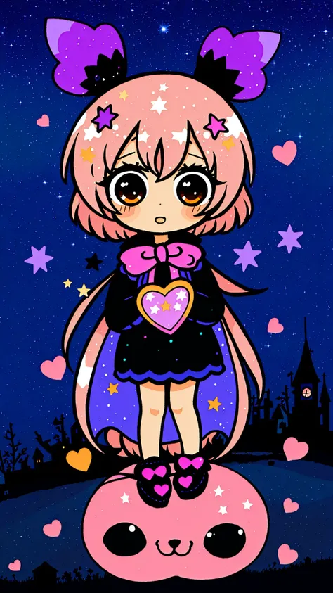 * masterpiece (chibi:1.3), best quality, (realistic:1.2), chibi girl, glitter sparkle shiny stars and hearts, <lora:theovercomer8sContrastFix_sd15:0.8>, night , nightsky, <lora:cutescrap05v_cutescrap3:0.6> <lora:worldFlipperArtStyleLora_v10:0.7>