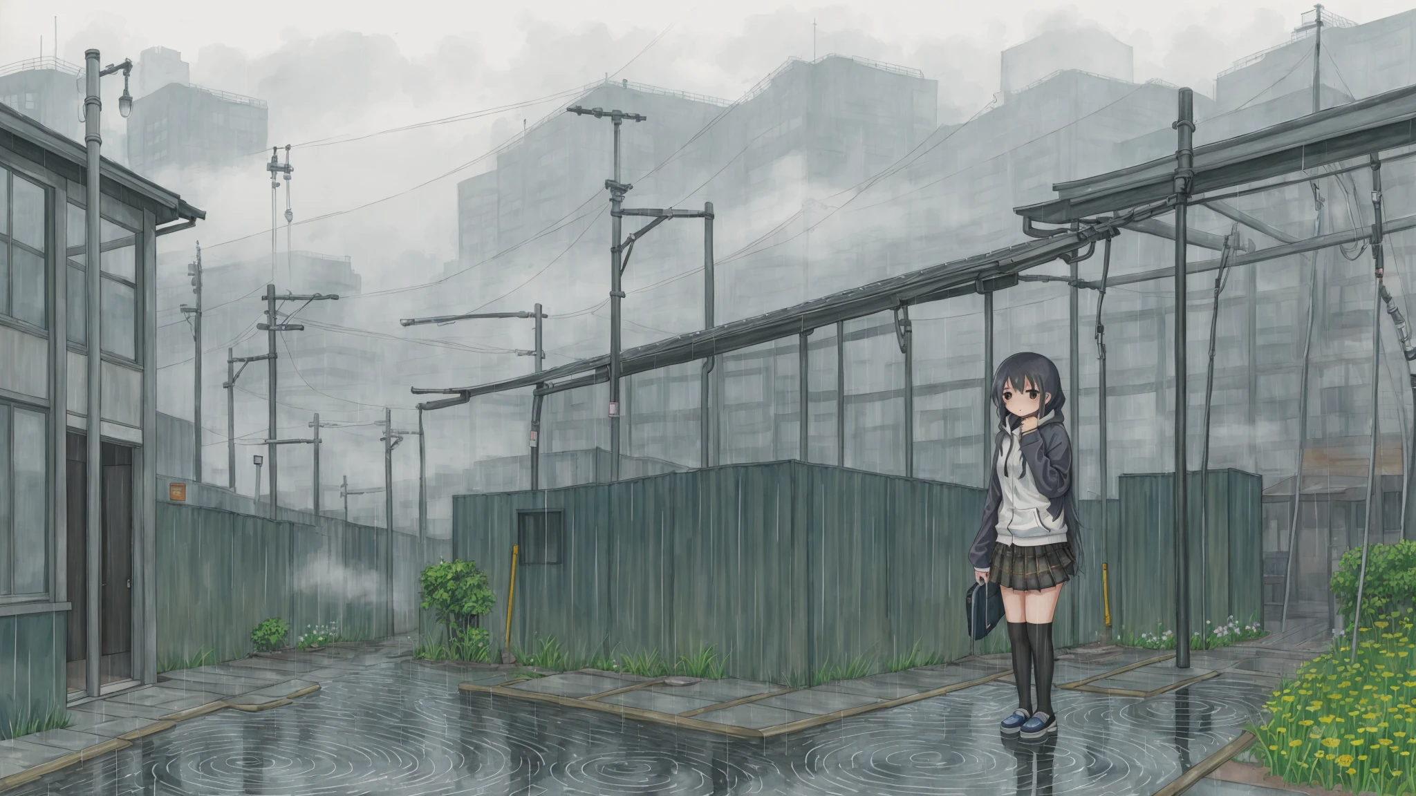 sketch, line art, (thick lines:1.2), (chibi:1.2), water color painting, of a cute girl in the rain wearing a black hoody and a skirt, transparent glass buildings, tokyo back alley, shine glitter sparkle, fog and mist, (range murata:1.2), by shirow masamune, <lora:avogadoWithARifle_v10:0.7>, <lora:murata_range-lora:0.6>