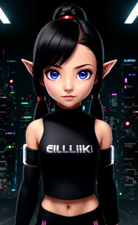 (masterpiece) (chibi:1.3) (elf:1.3) girl wearing (gym clothes hoody), outdoors, (cyberpunk:1.3), (black hair:1.4), (twintails hairstyle), (vamp goth:1.1), dark background, nightsky, high contrast,   <lora:theovercomer8sContrastFix_sd15:1>