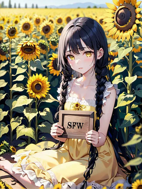 A young girl with long black hair in braids sitting pensively in a sunny flower field of yellow sunflowers. She is wearing a pale yellow dress with white lace trims. In her right hand she is holding up a small wooden plaque carved with the word "SFW" in the center.