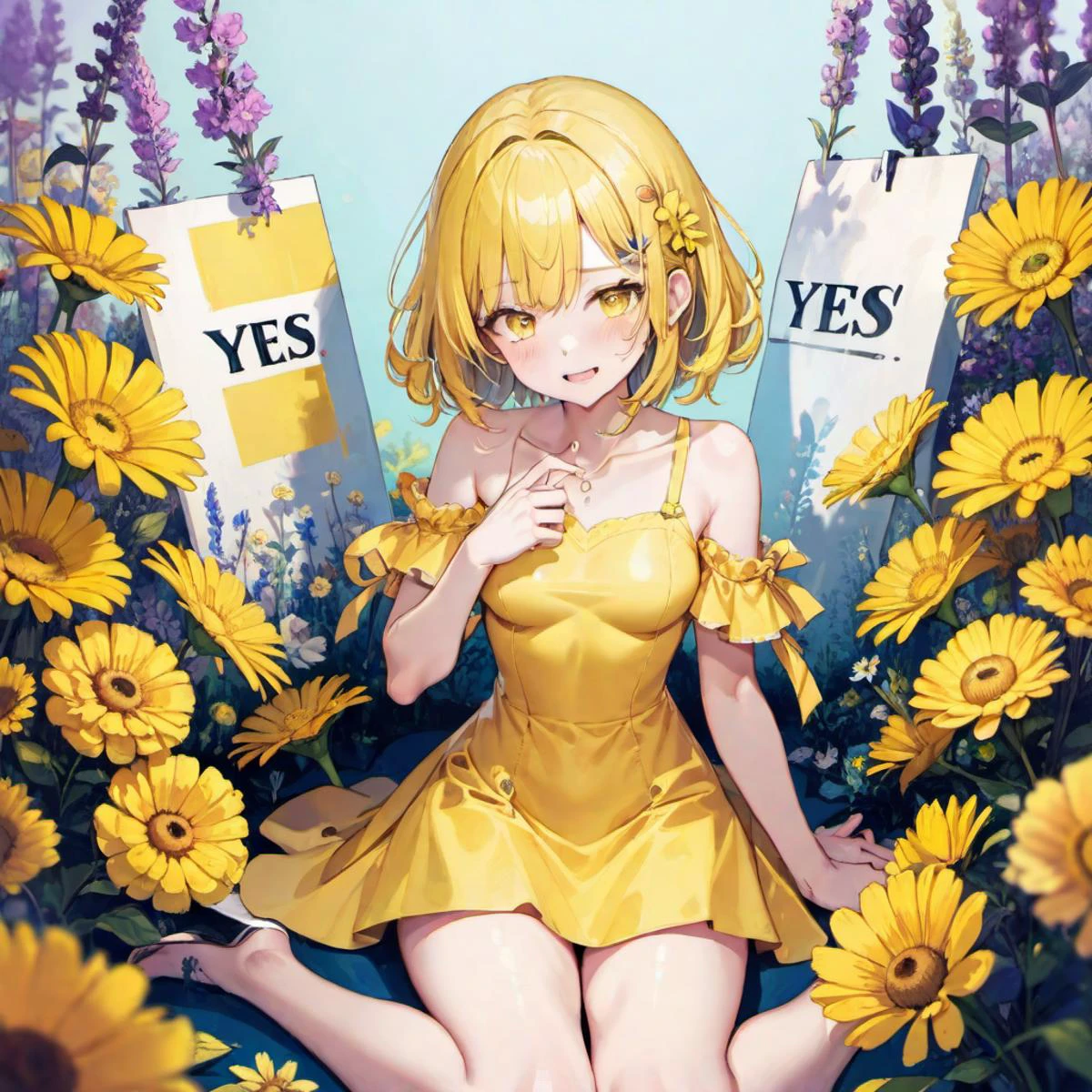 A girl in a yellow dress,Sitting among the flowers,Holding a sign,It says' YES',
