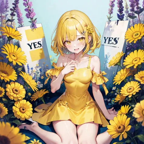 A girl in a yellow dress,Sitting among the flowers,Holding a sign,It says' YES',