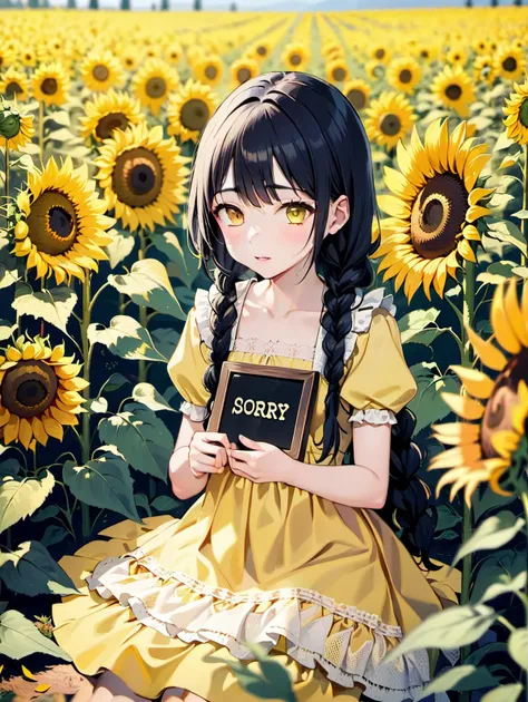 A young girl with long black hair in braids sitting pensively in a sunny flower field of yellow sunflowers. She is wearing a pale yellow dress with white lace trims. In her right hand she is holding up a small wooden plaque carved with the word "sorry" in the center.