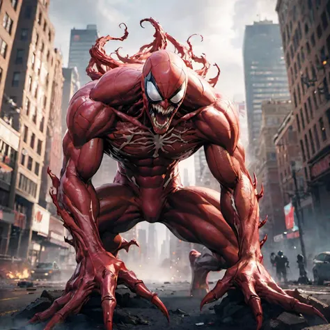 Marvel Carnage, destroy cities, grand, catastrophic, huge monsters, fantasy style, intricate details, ultra-detailed, 8k hdr, lots of details, high quality, soft cinematic light, dramatic atmosphere, atmospheric perspective,exquisite,exquisite details,high quality, best quality,perfect anatomy