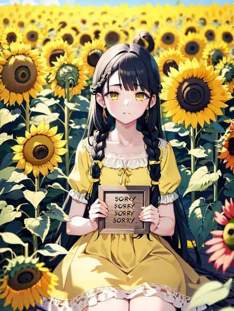 A young girl with long black hair in braids sitting pensively in a sunny flower field of yellow sunflowers. She is wearing a pale yellow dress with white lace trims. In her right hand she is holding up a small wooden plaque carved with the word "sorry" in the center.