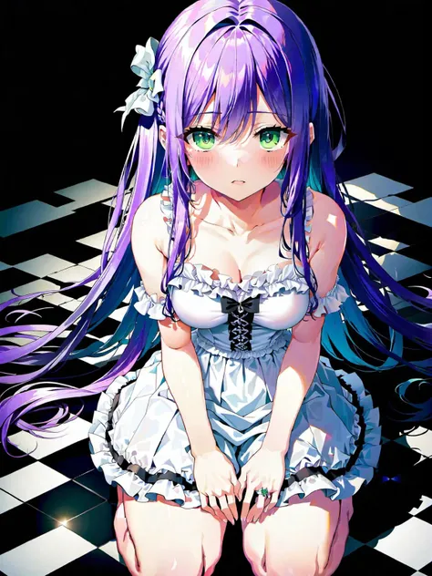 a girl with long purple straight hair side sitting in a checkered board floor. (from above:1.5), (high angle shot:1.5). She is wearing white sundress with frill and lace. Her left hand is covered by bandage. Purple hair and green eyes. There is chain on the floor. <lora:add-detail-xl:1>