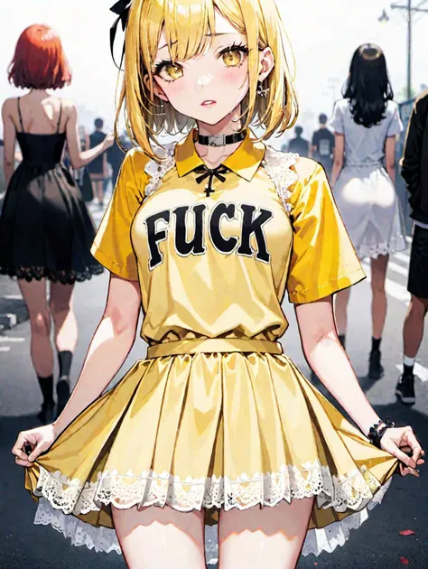 a teenage girl, 18. She is wearing a pale yellow dress with white lace trims. On her shirt the word "Fuck me" is spelled out on her dress with black marker.