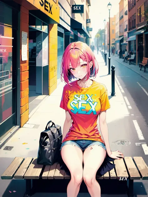 A girl dressed ,Sitting on a bench by the street,with SEX written on her t-shirt,Brilliant clothing,Bright color scheme,Character Focus,