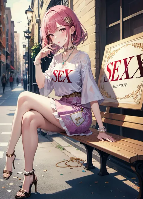 A girl dressed ,Sitting on a bench by the street,Holding a large wooden plaque with SEX written on it,Brilliant clothing,pearls and jewels,Bright color scheme,Character Focus,