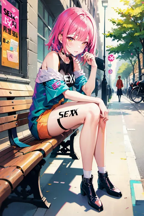 A girl dressed ,Sitting on a bench by the street,with SEX written on her leg,Brilliant clothing,Bright color scheme,Character Focus,