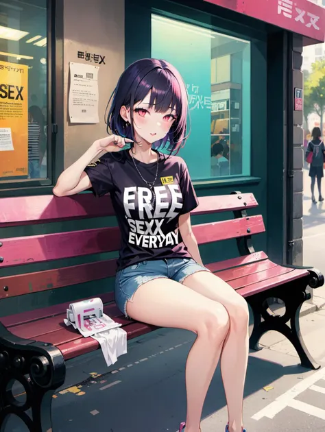 A girl dressed ,Sitting on a bench by the street,with FREE SEX EVERYDAY written on her t-shirt,Brilliant clothing,Bright color scheme,Character Focus,