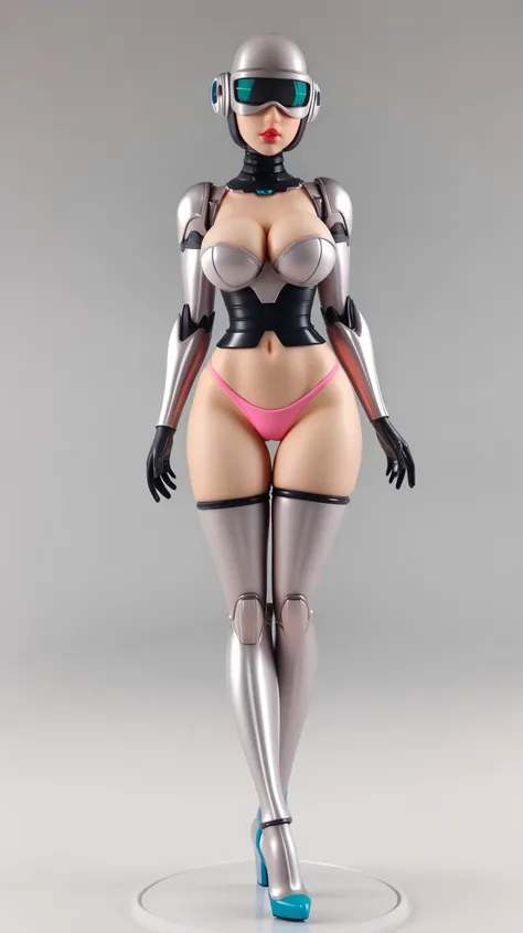<lora:Gwendolyn:1> 1girl, bottomless, cleavage_cutout, gwendolyn, high_heels, joints, lipstick, mecha, panties, thighhighs, as pvc figure, covered eyes, perfect hands, big breasts, wide hips, thick thighs, pink panty, ultra realistic digital art, a 3D render, photorealism, clean scene, white background, shinny floor, white floor, circular stand, high detailed, masterpiece,  <lora:Sexy-Figures:1>