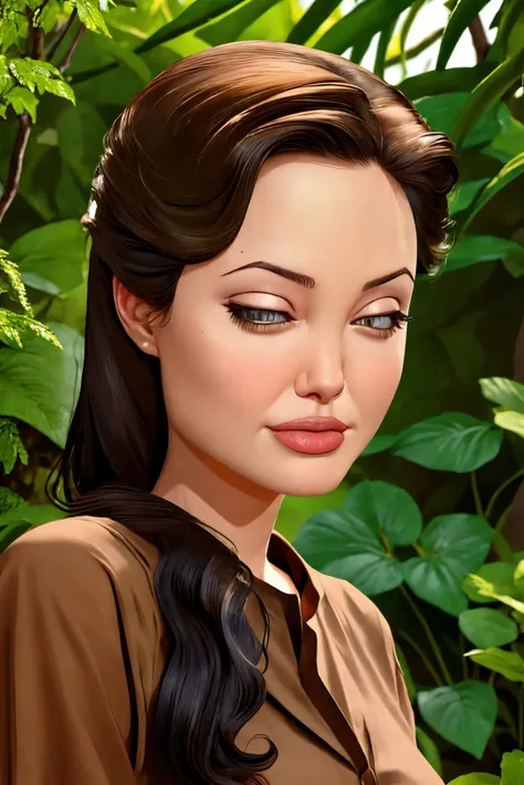 Angelina Jolie closeup, 1940s, beautiful, closeup, upper body,
,,
wispy,
Brown shirt,
highres, detailed, well dressed,
Traditional tea garden and tranquil at the background, best quality, masterpiece,
<lora:Angelina:0.70>