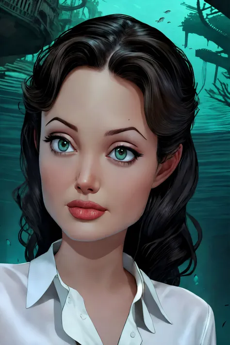 Angelina Jolie closeup, 1940s,  gorgeous,  closeup, upper body, 
,,
shadowy,
White shirt, 
 highres, detailed, well dressed, 
Underwater city and coral and ruins at the background, best quality, masterpiece,   
<lora:Angelina:0.85>