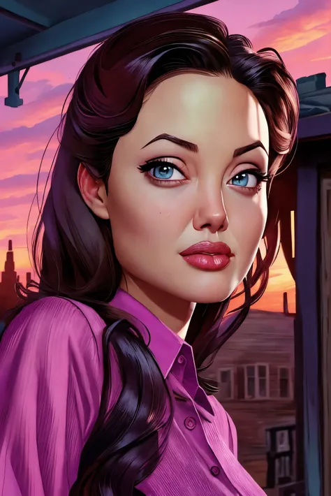 Angelina Jolie closeup, 1940s, cute, closeup, upper body,
,Polaroid,
hyperdetailed,
Magenta shirt,
highres, detailed, ,
Old western ghost town and dusk at the background, best quality, masterpiece,
<lora:Angelina:0.65>