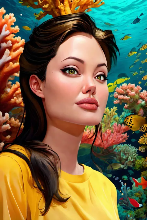 Angelina Jolie closeup, ,  beautiful,  closeup, upper body, 
elenok ella style,Polaroid,
cozy,
Yellow shirt, 
 highres, detailed, , 
Vibrant coral reef and diverse marine life at the background, best quality, masterpiece,   
<lora:Angelina:0.65>