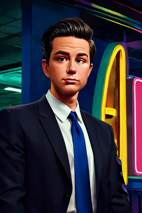 Pierre Poilievre upper body young and handsome, , male focus, black hair, shirt, formal, suit, collared shirt, white shirt, jacket
Classic diner and neon sign,
[(colorful explosion psychedelic paint colors:1.21)::0],
[cartoon, vector art, anime :realistic, real life, hyper realistic:0.2],
best quality, masterpiece, HDR, professional, studio quality, highres,
<lora:Pierre_Poilievre_v2:1>