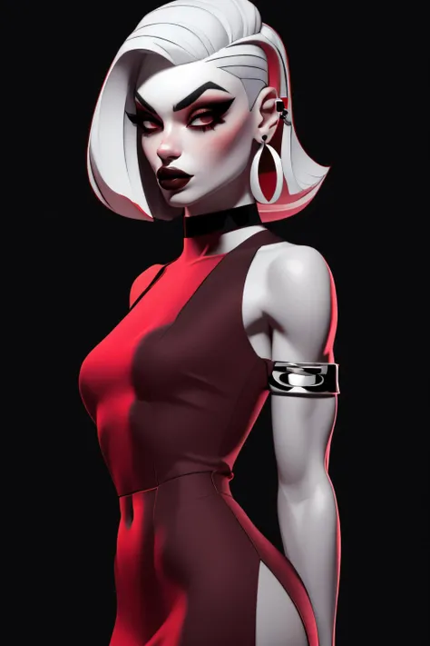 1girl, armlet, arms behind back, black background, breasts, dress, earrings, jewelry, lips, long hair, looking at viewer, makeup, medium breasts, navel, nose, pantyhose, parted lips, black background, (red dress), side slit, sleeveless, solo, undercut, stylized 3d, stylized hair , (monochrome with red accents ) <lora:SN3DM_sd15_scaled_v2-000010:0.75> sn3dm, sn3dmstyle