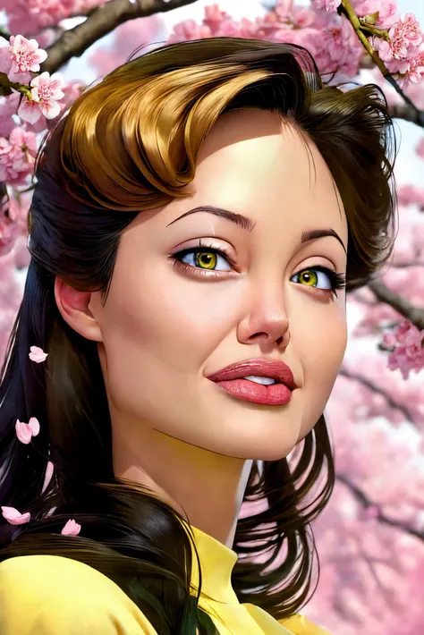 A gelina Jolie in A botanical masterpiece in the style of Marco Mazzoni, detailed, hyper-realistic, front view, elemets of symbolism and surrealism, a painting by mse a attractive seductive Angelina Jolie by agnes cecile, luminous design, pastel colours, ink drips, spring lights, intricate design, looking to the viewer intertwined, beautiful attractive seductive Angelina Jolie, flowers, pastel, looking to the viewer, front view
