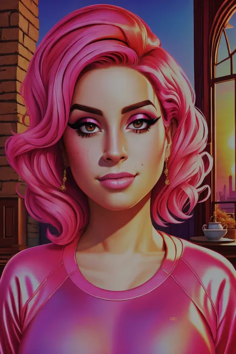 amelie reyhart mid shot close up, pink hair, young, makeup, funny,
beautiful face, masterpiece, highres, realistic,
Athleisure,
Quaint bed and breakfast and sunrise,
<lora:amelie_reyhart:0.95>