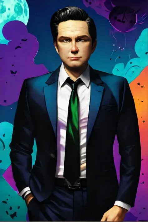 Pierre Poilievre face, ,male focus, black hair, shirt, formal, suit, collared shirt, white shirt, jacket
Haunted mansion and full moon night, cartoon, animation,
[(colorful explosion psychedelic paint colors:1.21)::0.2],
[cartoon, vector art, anime :realistic, real life, hyper realistic:0.2],
best quality, masterpiece, HDR, professional, studio quality, highres,
<lora:Pierre_Poilievre:1.0>