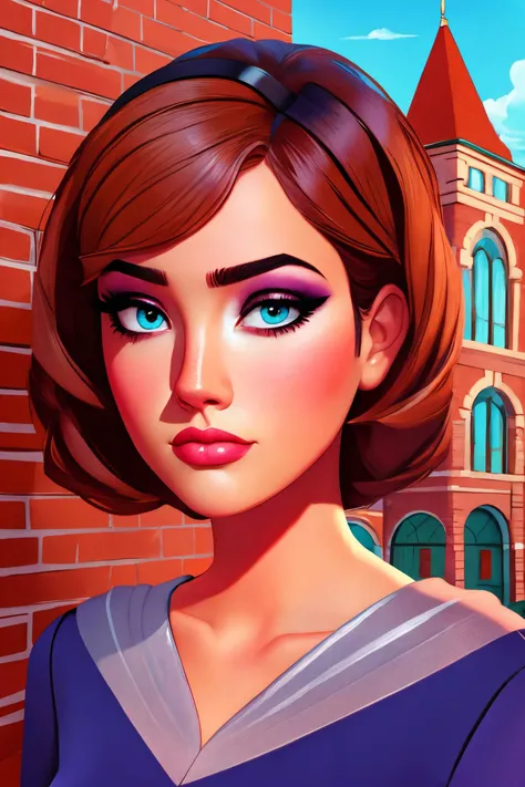 Anjelika Fotson standing close up, young, makeup, sad,
beautiful face, masterpiece, highres, cartoon, pixar, animation,
Haik,
Historic downtown and brick buildings,
<lora:anjelika_fotson:0.75>