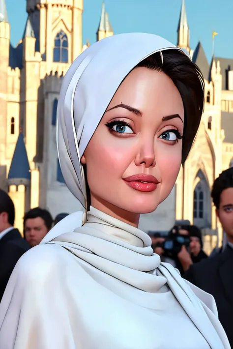 Angelina Jolie closeup, , beautiful, closeup, upper body,
,,
cute,
White modest dress,
highres, detailed, ,
Majestic castle and medieval reenactment at the background, best quality, masterpiece,
<lora:Angelina:0.70>