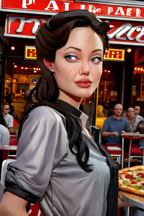 Angelina Jolie closeup, , beautiful, closeup, upper body,
,macro photography,
gruesome,
Silver shirt,
highres, detailed, ,
Local pizzeria and family-owned at the background, best quality, masterpiece,
<lora:Angelina:0.90>