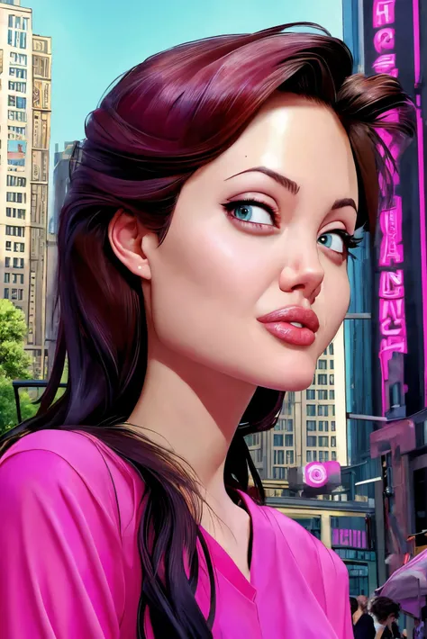 Angelina Jolie closeup, 2000s, cute, closeup, upper body,
,Polaroid,
interesting,
Magenta shirt,
highres, detailed, ,
Downtown skyscrapers and bustling lunch hour at the background, best quality, masterpiece,
<lora:Angelina:0.65>