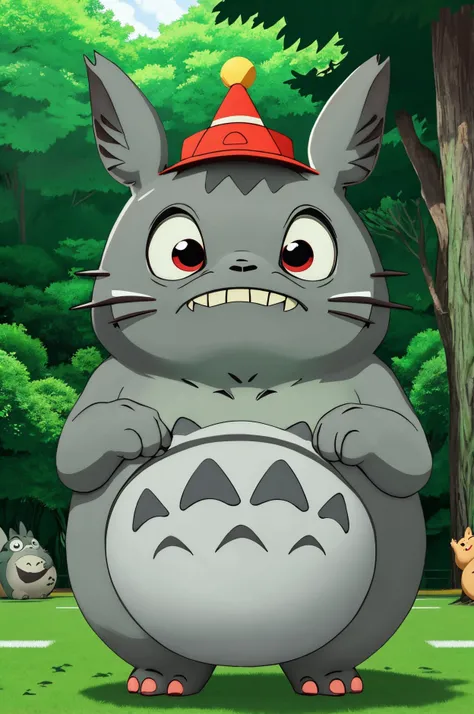 basety style, verism style, Totoro \(My Neighbor Totoro\) - Large, grey, friendly forest spirit with a wide mouth and big, round eyes, known for his iconic leaf hat., 
detailed background,
honorable,
breathtakingly lifelike 8K quality, flat shading,
High school football game and spirited,
[cartoon, vector art, anime :realistic, real life, hyper realistic:0.6], topless,
, masterpiece, detailed,
