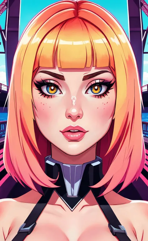 wild nature,seviechan style, 
([Lady( :0)Gaga|faye reagan|Olivia( :0)Munn]:0.9) closeup,
[cartoon, vector art, anime :realistic, real life, hyper realistic:0.45],,,
beautiful young woman, symmetrical face, big breasts, fit, terrifying,
breathtaking digital masterpiece, graffiti, Stand her on the bridge of the Normandy,
best quality, , detailed,