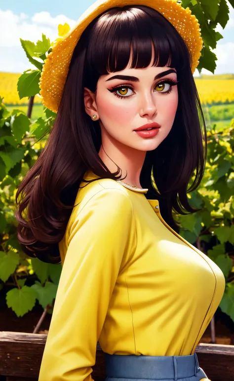 1960s,  21yo woman,  closeup upper body, middle shot, 
,interior design,
([Monica( :0)Bellucci|Audrey( :0)Hepburn| Natalie( :0)Portman]:0.9), boring,
Yellow jeans, 
 highres, detailed, cute,well dressed, realistic, 
Sunny vineyard and wine tasting event at the background, best quality, masterpiece,