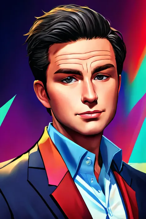 Pierre Poilievre closeup young and handsome, , male focus, black hair, shirt, formal, suit, collared shirt, white shirt, jacket
Northern village and midnight sun,
[(colorful explosion psychedelic paint colors:1.21)::3],
[cartoon, vector art, anime :realistic, real life, hyper realistic:0.35],
best quality, masterpiece, HDR, professional, studio quality, highres,
<lora:Pierre_Poilievre_v2:1>