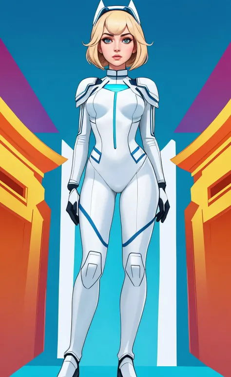 jiri tulach style,uodenim style, 
([Audra Miller|ivy lebelle|Hayden( :0)Panettiere]:0.9) standing,
[cartoon, vector art, anime :realistic, real life, hyper realistic:0.55],,,
, symmetrical face, , fit, surreal,
history-infused, 2d game art, wearing her form-fitting white and blue android armor,
best quality, , ,