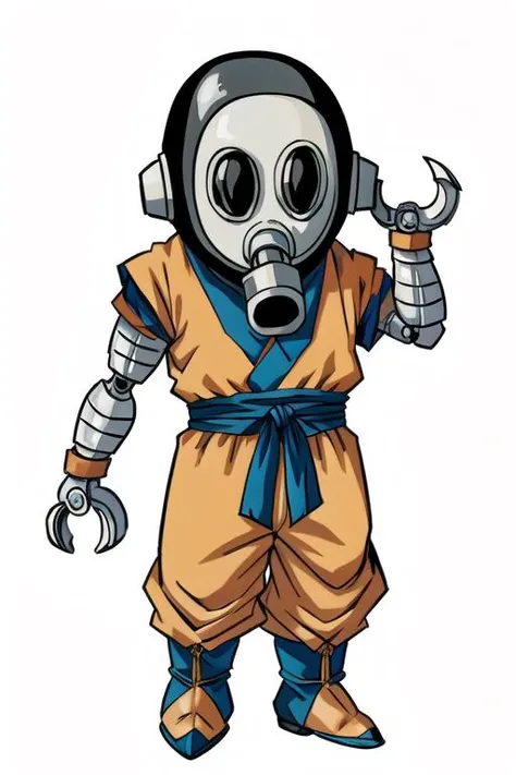 toribot, 1boy, solo, humanoid robot,chibi, (wrench hand), gas mask, full body, standing, orange dougi,son goku, short sleeves, (blue sash), (blue boots),(bald),mechanical arms, (best quality, masterpiece) <lora:toriboto_v0_4_prod:1>