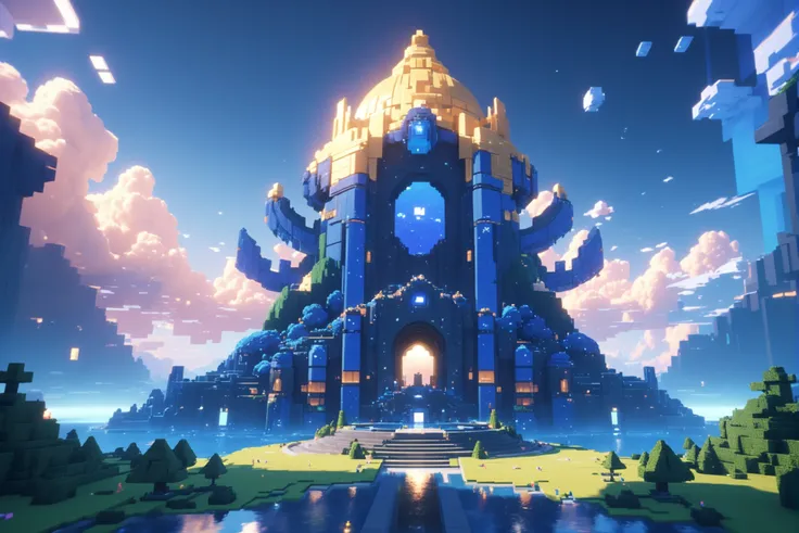8k cg render, pixelcore, golden hour, blue sky, clouds, scenery, "at the exalted Sanctum"<lora:EnvyPixelcoreXL01:1.6>
