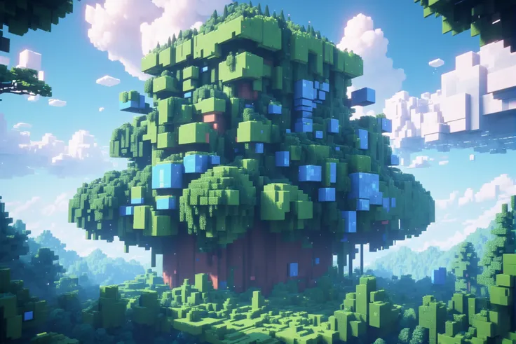 8k cg render, pixelcore, noon, blue sky, clouds, scenery, in a Living Forest<lora:EnvyPixelcoreXL01:1.6>