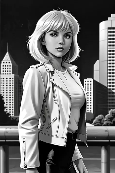 glynisbarber, white shirt, black leather jacket, 1980s style, city background, monochrome,
<lora:GlynisBarberSD:0.8>