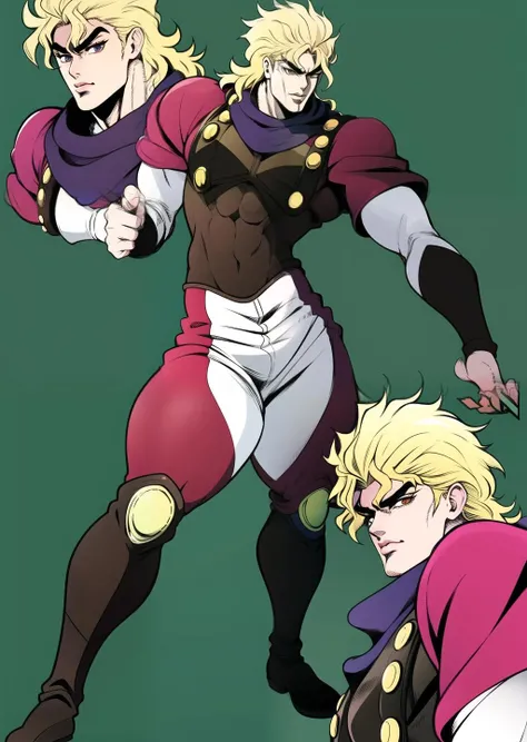 screenshot, anime, medium to short hair, ((solo)), (orange eyes), full body shot, detailed background, official style, waist, brown boots, scarf, masterpiece, muscular, araki hirohiko (style), anime, 1boy, diojojo, dio brando, solo, vampire, male focus, clothed, (detailed eyes:1.5), blonde hair, BREAK suspenders, multicolored clothes, BREAK red cloth BREAK (masterpiece:1.2), best quality, high resolution, extremely detailed, <lora:Dio Brando (Phantom Blood)-000005:0.98> flat color, <lora:flat2:0.54> digital illustration, lineart,