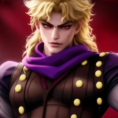 beautiful face, diojojo, scarf, suspenders, arms crossed, looking at viewer, smirk, detailed face, masterpiece, best quality, ultra-detailed detailed, detailed digital artwork, hi res, <lora:Dio Brando (Phantom Blood):1>