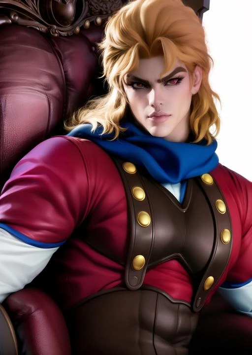 screenshot, anime, medium hair, ((solo)), (orange eyes), full body shot, mansion background, sitting, throne , official style, waist, boots, scarf, standing, realistic, masterpiece, muscular, araki hirohiko (style), anime, 1boy, diojojo, dio brando, solo, vampire, male focus, clothed, (detailed eyes:1.5), blonde hair, BREAK suspenders, multicolored clothes, BREAK red cloth BREAK (masterpiece:1.2), best quality, high resolution, extremely detailed face, <lora:Dio Brando (Phantom Blood)-000005:1>